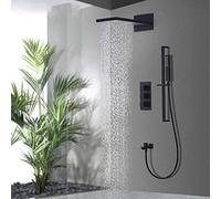 LXYST Bathroom Wall-Mounted System - All-Copper Intelligent Thermostatic Concealed Black in-Wall Waterfall Booster Shower Set