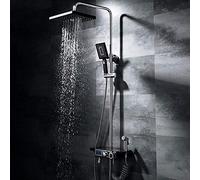 LXYST Black Bathroom Set Booster Thermostat Temperature Control Led Screen Display 4 Function Hand Shower System Square Top Spray Lift Bar with Faucet Bidet Beautiful Practical
