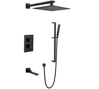 LXYST Black Thermostatic Concealed Bathroom Rain Mixer System with 10-12 Inch Square Rainfall Head Tub Taps and Slide Bar Wall Mounted Luxury Shower Set,12 I