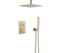 LXYST Brushed Gold Brass Ceiling Mounted Thermostatic Bathroom Rain Mixer with 10-12" Square Rainfall Head and Handheld Luxury Shower Set,10 Inch