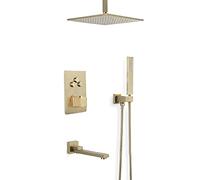 LXYST Brushed Gold Brass Concealed Thermostatic Ceiling Mounted Bathroom Faucet with 10-12" Square Rainfall Head and Handheld Tub Taps, Luxury Shower Set,12 Inch