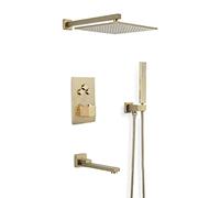 LXYST Brushed Gold Brass Concealed Thermostatic Wall Mounted Bathroom Faucet with 10-12" Square Rainfall Head and Handheld Tub Taps, Luxury Shower Set,10 Inch
