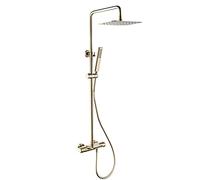 LXYST Brushed Gold, Square Rain Head with Hand Set, Bathroom Thermostatic Shower System, Wall Mount Tub Faucet