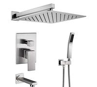 LXYST Ceiling Mount with Tub Spout and 12" High Pressure Rain Handheld Head Brushed Nickel System Luxury Shower Set