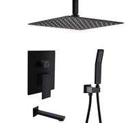 LXYST Ceiling Mount with Tub Spout and 12" High Pressure Rain Handheld Head Matte Black System Luxury Shower Set