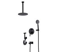 LXYST Ceiling Mounted Black Bathroom Faucet 10" Stainless Round Ultrathin Rainfall Head with Hand and Spray,Luxury Shower Set