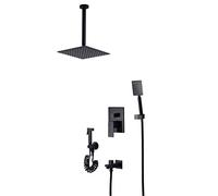 LXYST Ceiling Mounted Black Bathroom Faucet 10" Stainless Steel Ultrathin Rainfall Head with Hand and Square Spray, Luxury Shower Set