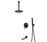 LXYST Ceiling Mounted Matte Black Bathroom Ultrathin Rainfall Head with Handheld Sprayer and Bathtub Faucet, Luxury Shower Set