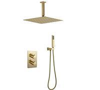 LXYST Ceiling Mounted Thermostatic Brushed Gold Bathroom Rain Mixer Taps with 10-12" Square Rainfall Head and Handheld Luxury Shower Set,10 Inch