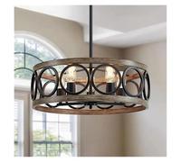 LXYST Chandeliers, Industrial Circular Chandelier Farmhouse Retro Iron Art Wood Grain for Restaurant Bedroom Light Home Decor(Black Ceiling Lamp)