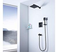 LXYST Concealed Bathroom Set Thermostatic Button Into The Wall Type Ultra-Thin Nozzle Square Top Spray Black Handheld Shower System with Faucet 3 Function Not Rusting