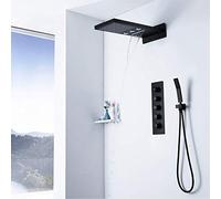 LXYST Concealed Thermostat Full Copper Black 3 Function Fly Rain In-Wall Bathroom Set Hot and Cold Water Hand Shower System Waterfall Square Top Spray Beautiful Practical