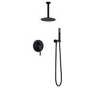 LXYST Contemporary Matte Black 8" Ceiling Mounted Round Rainfall Hand Wall Mount Combo with Rough-in Pressure Balanced Valve Shower Set
