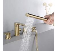 LXYST Copper Bathroom Metal Brushed Gold Split Bathtub Faucet Four Holes and Cold Water Set Pull Type with Portable Shower 2 Function Beautiful Practical