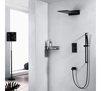 LXYST Copper Concealed Into The Wall Black Fly Rain Thermostat Handheld Shower Set Lifting Rod Waterfall Square Top Spray Belt Faucet 4 Function Practical