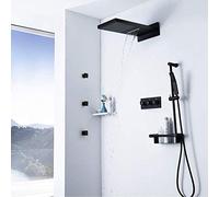 LXYST Copper Waterfall Top Bathroom Set Black Belt 3 Side Spray Hot and Cold Body Dark Loading Wall Type Liftable Hand Shower System with Rack Beautiful Practical