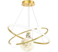 LXYST Dimmable LED Chandeliers Compatible with Boy Girls Bedrooms 3D Moon Astronaut Hanging Lamp Gold Ring Fixtures Round White Milk Pendant Light, Ceiling Chandelier