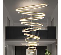 LXYST Extra Large LED Dimmable, Gold 10 Ring Chandeliers for Dining Room, Staircase Chandelier Foyer Entryway High Ceiling with Remote Control D47.2‘‘
