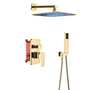 LXYST Faucet Set Gold, Light Head with Hand 3 Color Changing, Wall Mounted System, Rain Mixers Shower Set,16inch