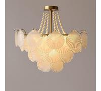 LXYST Gold Frosted Glass Chandelier with Pearl Art Deco Sea Shell 4 Tier Large Semi Flush Mount Ceiling Round Nordic Pendant Light for Girls Bedroom Living Room Kitchen Island