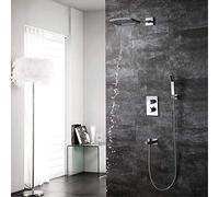 LXYST In-Wall Concealed Thermostatic Bathroom Set Copper Function * 250mm Waterfall Square Top Spray Supercharged Hand Shower System with Faucet Beautiful Practical