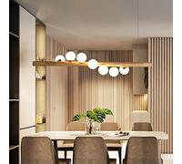 LXYST Island Chandelier Hanging Ceiling Light Fixture for Dining Room Kitchen Office,Wood Linear LED Pendant Light, Glass Globe 7-Light-Wood 120x5cm(47x2inch)