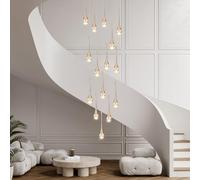 LXYST Long Staircase, Crystal led dimmable Chandeliers with Remote Control Ceiling Adjustable Large Water Droplet Chandelier Suitable for staircases (15 Lights)
