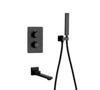 LXYST Matte Black Brass Hot Cold Water Concealed Wall Mounted Head with Handheld and Tub Taps Set, Luxury Shower Set,A