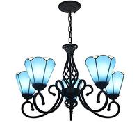 LXYST Mediterranean s 6" Stained Glass Shade Ceiling Hanging Light Fixtures Pendant Lamp for Living Dining Room Bedroom Porch Corridor Kitchen,Blue-5 Heads
