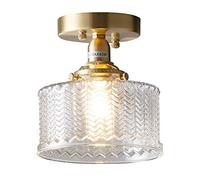 LXYST Pattern Glass Semi Flush Mount Light Copper Lamp, Brushed Brass Finish Ceiling Lighting Fixtures for Hallway Kitchen Entryway Bedroom, Socket