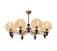 LXYST Rustic Wooden Pendant with Fabric Lampshade Chandelier Iron Art Multiple Heads Three Tone Hanging for Living Dining Room Bedroom 8 Light