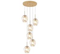 LXYST Staircase for Villa,Mid Century Pendant with Handblow Glass Globe,Long Ceiling Light Adjustable Height,Stainless Steel Base, Large Chandelier(6 Lights, Amber