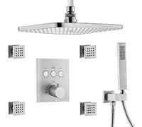 LXYST Thermostatic Brass Ceiling Mount Rectangular x Inch Air Pressure Rainfall System with 4 pcs Body Jets Mixer Bathroom Shower Set,Brushed Nickel