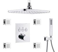 LXYST Thermostatic Brass Ceiling Mount Rectangular x Inch Air Pressure Rainfall System with 4 pcs Body Jets Mixer Bathroom Shower Set,Chrome
