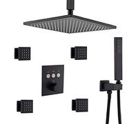 LXYST Thermostatic Matte Black Brass Faucet Complete Kit with Ceiling Rain Head and PCS Body Sprayer, Shower Set (10 Inch)