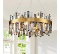 LXYST USOR Lights Gold Pendant Light Dia 60cm Contemporary Round Smokey Gray K9 Crystal Lighting for Dining Living Room Kitchen Island 3 Color Temperature Included