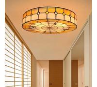 LXYST V-intage Ceiling Light Hand-Made Stained Glass Shade 16'' Round Flush Mount Lighting Fixtures Art Deco Chandelier,for Living Room