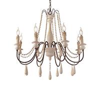 LXYST Vintage Iron Wooden Chandelier with Shabby Chic Holder Lights Distressed White Candle Hanging Ceiling Light for Kitchen and Dining Room Decor Rustic Farmhouse Fixtures