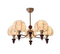 LXYST Vintage Wooden Pendant with Fabric Lampshade Chandelier Iron Art Multiple Heads Three Tone Hanging for Living Dining Room Bedroom 5 Light Fixture