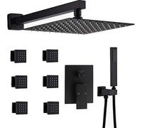 LXYST Wall Mounted Black Bathroom Square Rainfall Faucet System with 6 PCS Body Jets Mixer Luxury Shower Set,12 Inch
