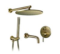 LXYST Wall Mounted Brushed Gold Bathroom with 8-12 Brass Round Rainfall Head Handheld and Tub Taps, Luxury Shower Set,8 Inch
