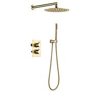 LXYST Wall Mounted Thermostatic Control Mixing Valve Brushed Gold Taps with 8-12 Round Rainfall Head and Handheld Luxury Shower Set,12 Inch