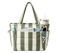 LY&SQ Bolsa Tote Acolchada a Rayas para Mujeres, Bolso Ligero con Compartimentos y Cremallera Bolso Enfermera de Hombro para Viaje Trabajo Gimnasio(Green stripes)