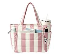 LY&SQ Bolsa Tote Acolchada a Rayas para Mujeres, Bolso Ligero con Compartimentos y Cremallera Bolso Enfermera de Hombro para Viaje Trabajo Gimnasio(Pink stripes)