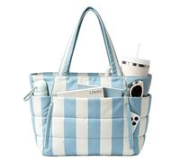 LY&SQ Bolsa Tote Acolchada a Rayas para Mujeres, Bolso Ligero con Compartimentos y Cremallera Bolso Enfermera de Hombro para Viaje Trabajo Gimnasio(Light blue stripes)