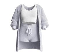 LYAART Conjunto de Punto de 3 Piezas,Pijama Sexy de Forro Polar difuso y cálido para Mujer,Conjunto de Ropa de Dormir de 3 Piezas,Tops Cortos sin Mangas (S,Gray)