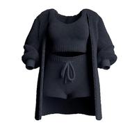 LYAART Conjunto de Punto de 3 Piezas,Pijama Sexy de Forro Polar difuso y cálido para Mujer,Conjunto de Ropa de Dormir de 3 Piezas,Tops Cortos sin Mangas (S,Black)