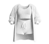 LYAART Conjunto de Punto de 3 Piezas,Pijama Sexy de Forro Polar difuso y cálido para Mujer,Conjunto de Ropa de Dormir de 3 Piezas,Tops Cortos sin Mangas (S,White)