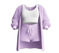 LYAART Conjunto de Punto de 3 Piezas,Pijama Sexy de Forro Polar difuso y cálido para Mujer,Conjunto de Ropa de Dormir de 3 Piezas,Tops Cortos sin Mangas (L,Purple)