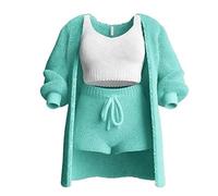 LYAART Conjunto de Punto de 3 Piezas,Pijama Sexy de Forro Polar difuso y cálido para Mujer,Conjunto de Ropa de Dormir de 3 Piezas,Tops Cortos sin Mangas (S,Green)
